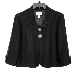 Joseph Ribkoff Cropped Boxy Jacket Blazer Size 16 Black Ruffle Collar 3/4 Sleeve